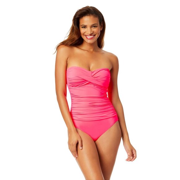 Anne Cole Womens Shirred Twist Front One-Piece Swimsuit Hot Flamingo Pink 8 - Picture 7 of 12